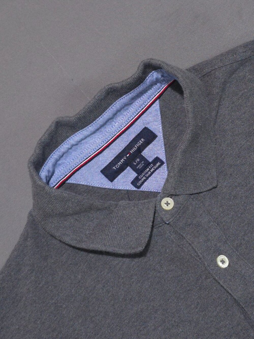 Tommy Hilfiger Men's L Charcoal Gray Custom Fit Cotton Polo Flag Logo